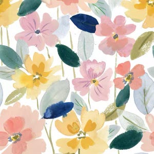May include: A seamless pattern featuring watercolor-style flowers in shades of soft pink, peach, and yellow, interspersed with dark teal and pale blue-grey leaves on a white background. The floral design includes various petal shapes.