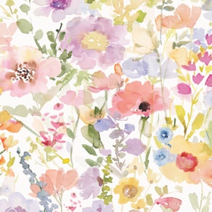 May include: Watercolor floral pattern featuring a variety of flowers in shades of pink, purple, orange, yellow, and blue. The flowers are painted with soft brushstrokes, creating a delicate and airy feel. The background is white, allowing the colors to pop.