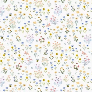 May include: A white background is covered with a repeating pattern of watercolor flowers. The flowers are in shades of yellow, blue, pink, and peach, with green stems and leaves. Small bees and butterflies are also scattered throughout the design.