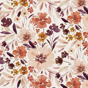 Może przedstawiać: Wzór kwiatowy akwarelowy z kwiatami w kolorze brzoskwiniowym, pomarańczowym, bordowym i żółtym. Kwiaty umieszczone są na kremowym tle, tworząc miękki i elegancki design. Odpowiedni do tkanin lub tapet.