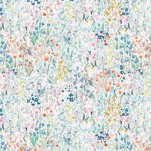 May include: A watercolor painting of a field of flowers in shades of blue, pink, yellow, and green. The flowers are arranged in a random pattern and are set against a white background.