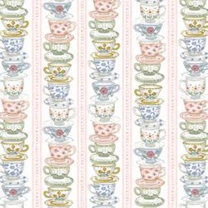 May include: A repeating pattern of stacked teacups and saucers in various pastel colors including pink, blue, green, and yellow. The teacups feature delicate floral designs and are arranged in vertical columns separated by thin pink stripes.
