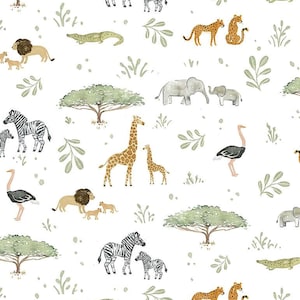 May include: A white background with a repeating pattern of various African animals, including zebras, giraffes, lions, elephants, ostriches, and cheetahs. The animals are illustrated in a watercolor style with a light green background.