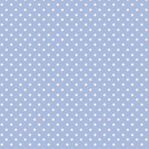 May include: A light periwinkle blue fabric featuring a repeating pattern of small, solid white polka dots arranged in a uniform grid. The dots are evenly spaced across the entire surface, creating a consistent and balanced geometric design.