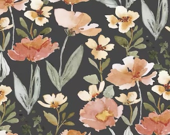 May include: Watercolor floral pattern featuring peach and yellow flowers with green leaves on a dark gray background. The design includes various flower sizes and shapes, creating a natural, artistic aesthetic.