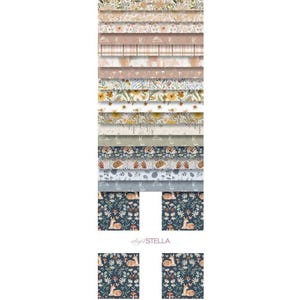 May include: A stack of patterned paper sheets with various designs. The patterns include floral, plaid, and woodland themes in soft colors like beige, pink, and blue. The bottom of the stack features two squares with a dark blue floral pattern and the text "digiSTELLA".