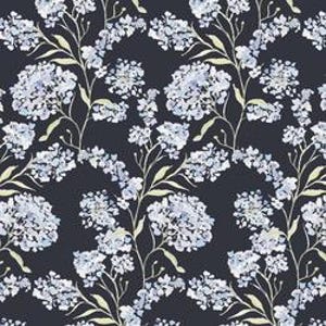 May include: A seamless pattern featuring light blue floral clusters with green stems and leaves against a dark navy background. The design showcases a delicate watercolor style, creating a soft and elegant aesthetic. The repeating floral motif is ideal for fabric or wallpaper.