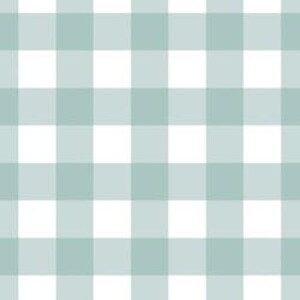 May include: A seamless pattern featuring a large-scale gingham check design. The pattern alternates between a soft, muted teal color and white squares, creating a classic and versatile textile design. The squares are evenly sized, offering a clean and structured look.