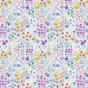 May include: A seamless pattern featuring a variety of colorful flowers and butterflies on a white background. The flowers are in shades of pink, purple, blue, and yellow, and the butterflies are in shades of blue and white.