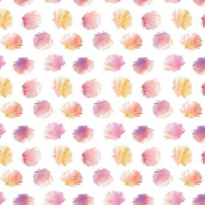 May include: A repeating pattern of watercolor seashells in shades of pink, orange, yellow, and purple on a white background. The shells are arranged in a grid-like fashion, creating a visually appealing and summery design.