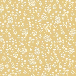 May include: A repeating pattern of white floral designs on a yellow background. The pattern includes various flower and leaf shapes, creating a delicate and natural aesthetic. The design is suitable for fabric or wallpaper.
