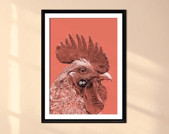 Rooster Line Drawing Art Print | Farm Animal Portrait (Digital Download)