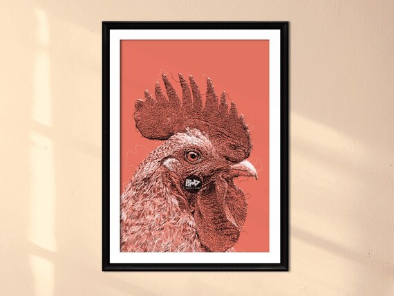 Rooster Drawing Digital Art Print Cute Farm Animals Line Drawing