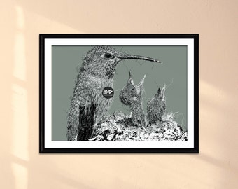 Hummingbird Line Art Print | Mama Bird and Babies (Digital Download)