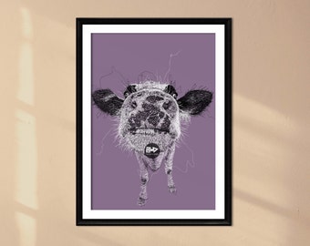 Purple Cow Line Drawing Art Print | Goofy Farm Animal (Digital Download)