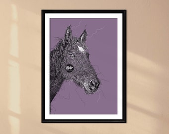 Horse Line Art Print | Hand-Drawn B&W on Purple (Digital Download)