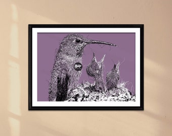 Hummingbird Line Art Print | Baby Birds in Nest (Digital Download)