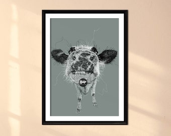 Cow Line Drawing Art Print | Silly Farm Animal Portrait (Digital Download)