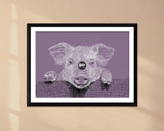 Piglet Line Drawing Art Print | Lilac Farm Animals (Digital Download)