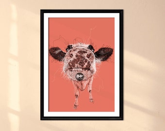 Cow Line Drawing Art Print | Silly Farm Animal Portrait (Digital Download)