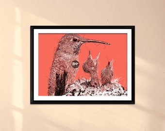 Hummingbird Family Line Drawing Print | Mama Bird, Baby Birds (Digital Print)