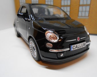 PERSONALISED PLATES black Fiat 500 Toy Car 1/28 scale Model boy girl dad mom grandad brother sister birthday gift present or cake topper NEW