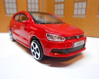 PERSONALISED PLATES name VW Polo Toy Car Model boy girl dad mom uncle grandad brother Birthday Christmas gift present New Boxed 1:43 scale