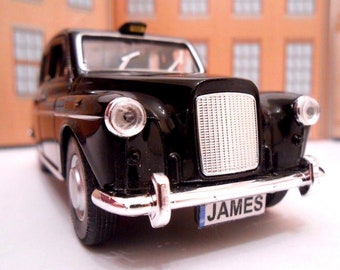 PERSONALISED PLATES TAXI London Black Cab Toy Car Model boy girl dad mom uncle grandad brother birthday Christmas gift present New & Boxed!