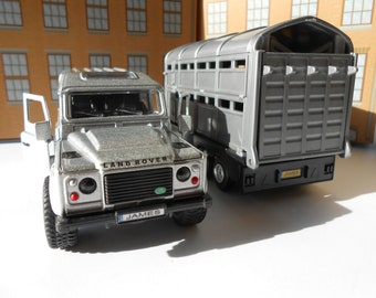 LANDROVER Defender with PERSONALISED PLATES &  Farm Trailer Model Toy Car boy girl dad mom uncle grandad brother birthday gift present Boxed