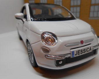 PERSONALISED PLATES Fiat 500 Toy Car 1/28 scale Model boy girl dad mom uncle grandad brother sister birthday gift present or cake topper NEW