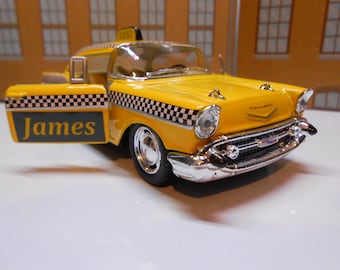 PERSONALISED NAME Taxi Chevy Bel Air Toy Car Model boy girl dad mom grandad brother sister birthday Christmas gift present NEW cake topper