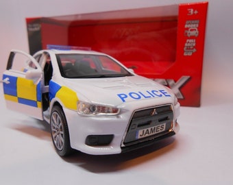 PERSONALISED PLATES POLICE Car Mitsubishi Evo Toy Car Model boy girl dad mom uncle grandad brother birthday christmas gift present New Boxed