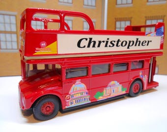 PERSONALISED NAME Open Top BUS Toy car Model Red Bus boy girl dad mom uncle grandad brother birthday Christmas gift present New !