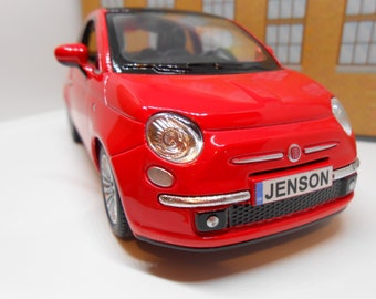 PERSONALISED PLATES red Fiat 500 Toy Car 1/28 scale Model boy girl dad mom grandad brother sister birthday gift present or cake topper NEW