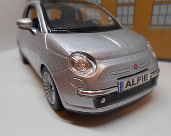 PERSONALISED PLATES silver Fiat 500 Toy Car 1/28 scale Model boy girl dad mom grandad brother sister birthday gift present / cake topper NEW