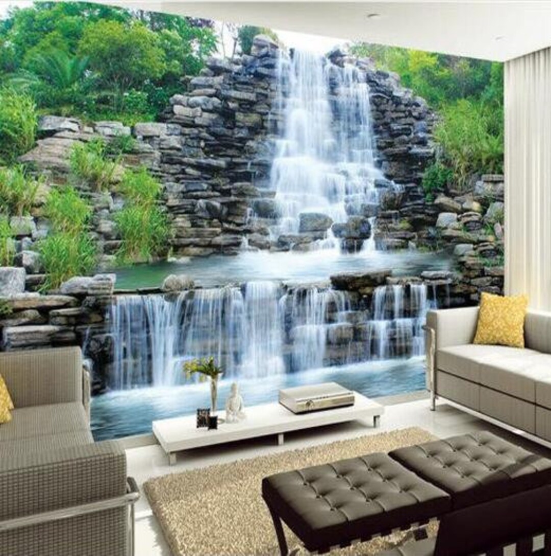 3D Wallpaper Waterfall Stone, Designer Look Wall Treatment, Custom