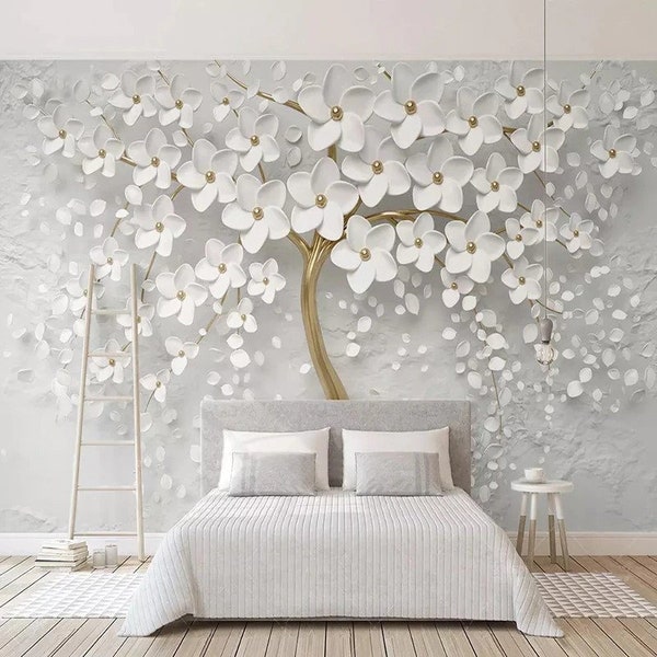 3D Wallpaper White Flower Shawl , Custom Wallpaper for Any Wall size, Wall Covering for Free Shipping