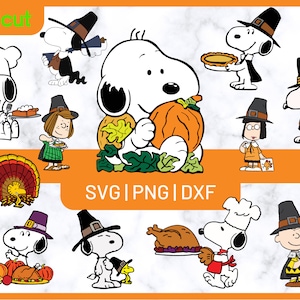 May include: A digital graphic featuring Snoopy and friends in Thanksgiving-themed illustrations. Snoopy is shown holding a pumpkin, and other characters are depicted with turkey, pie, and pilgrim hats. The image includes the text "SVG | PNG | DXF".