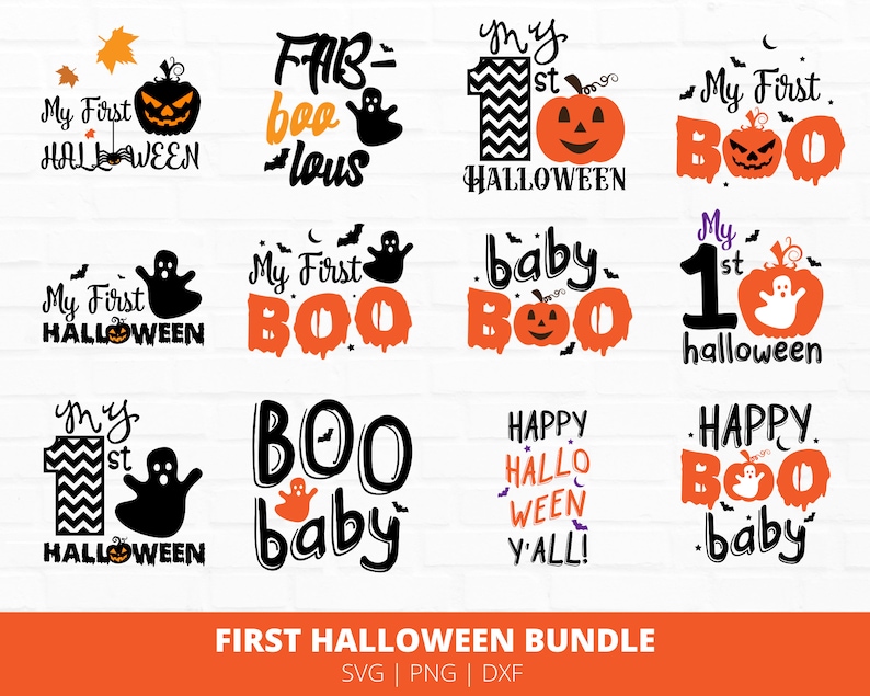 May include: A collection of Halloween-themed designs featuring pumpkins, ghosts, and the phrases "My First Halloween," "Boo," and "Happy Halloween." The designs are in black, orange, and white, suitable for various craft projects.
