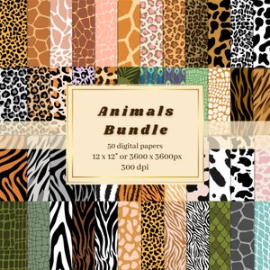 50 Animali Stampa Carta Digitale BUNDLE, Leopardo, Tigre, Zebra, Giraffa, Pesce, Carta Digitale Stampa Mucca, Pacchetto Modelli Animali