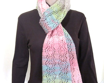 Lacy Scarf, Lightweight, Very Soft and Long, Multicolor in light tones of Pink and Green