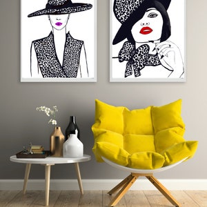 digital art. wall art. woman. leopard. black and white. hats. red lipstick. painting
