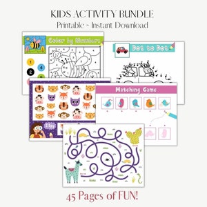 45 Page Kids Coloring Activity Bundle | Color By Number + Dot to Dot + I Spy + Matching + Mazes | ZIP File | Printable Instant Download