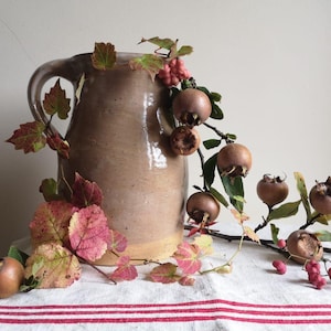 Pode incluir: Um jarro de cerâmica rústico de cor marrom com uma boca larga e duas alças, cheio de um ramo de folhas verdes e frutos marrons. O jarro está sentado em uma toalha de mesa de linho branco com listras vermelhas.