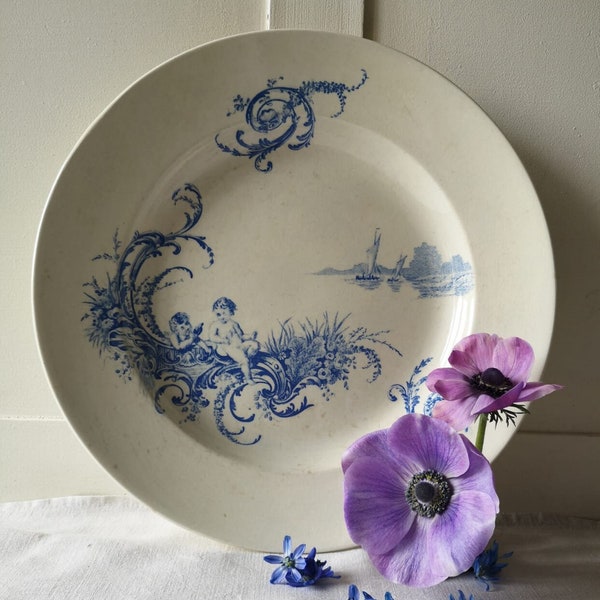 French Antique Ironstone Large Serving Platter, Made by 'Jules Viellard ', Model 'Neptune', Cherubs And Seaside Blue Design