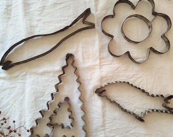 French Antique Large Patisserie Cutters, Antique Baking Tools, Whale, Fish, Flower, Christmass Tree