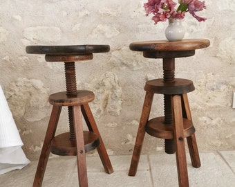 French Vintage Wooden Swivel Stools, Pair Of Adjustable Piano/Workshop Stools