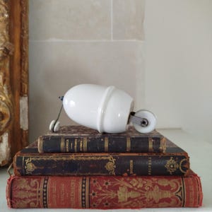 Può includere: Una pila di tre libri antichi con copertine scure e usurate, sormontata da un oggetto in ceramica bianca con una piccola ruota. I libri presentano scritte dorate e motivi decorativi. L'oggetto in ceramica ha una piccola ruota metallica.