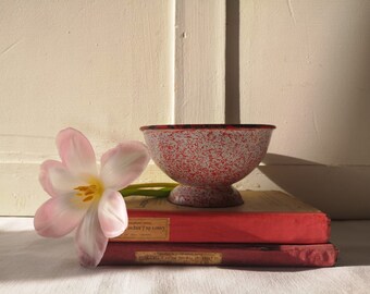 French Antique Enamel Footed Bowl, Red Speckled Design