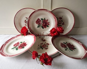 French Vintage Ironstone Plates, Set of 6, Made by &#39;Digoin Sarraguemines&#39;, Model &#39;Bouquet Fleuri&#39; & &#39;Cibon&#39;, Red Floral Design